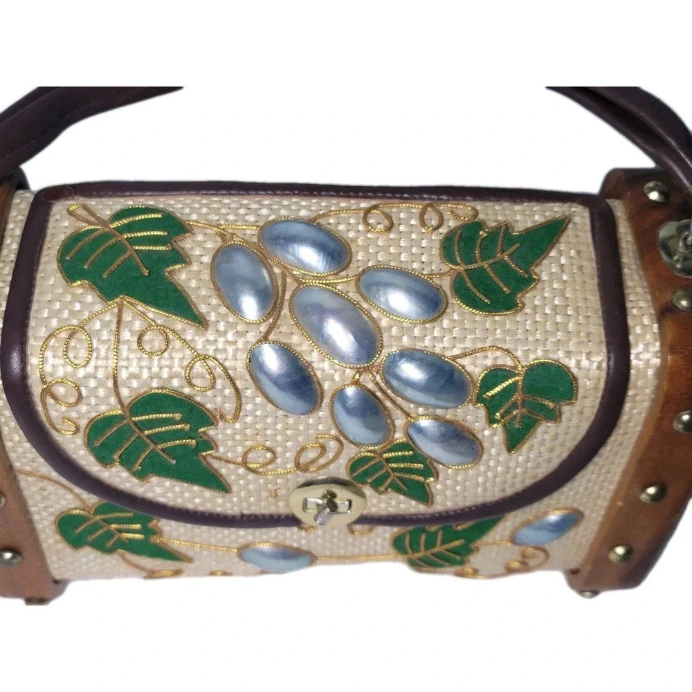 Vintage Mahler Purse Made In Philippines Wood Straw Grapes And Leaf...